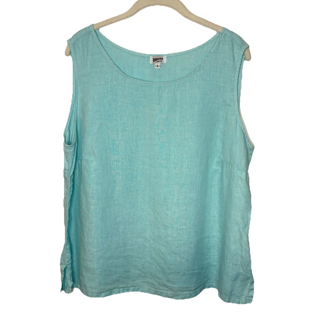 Vintage 100% Linen Tank Top Blouse Womens Large Blue Sleeveless Lagenlook Beach